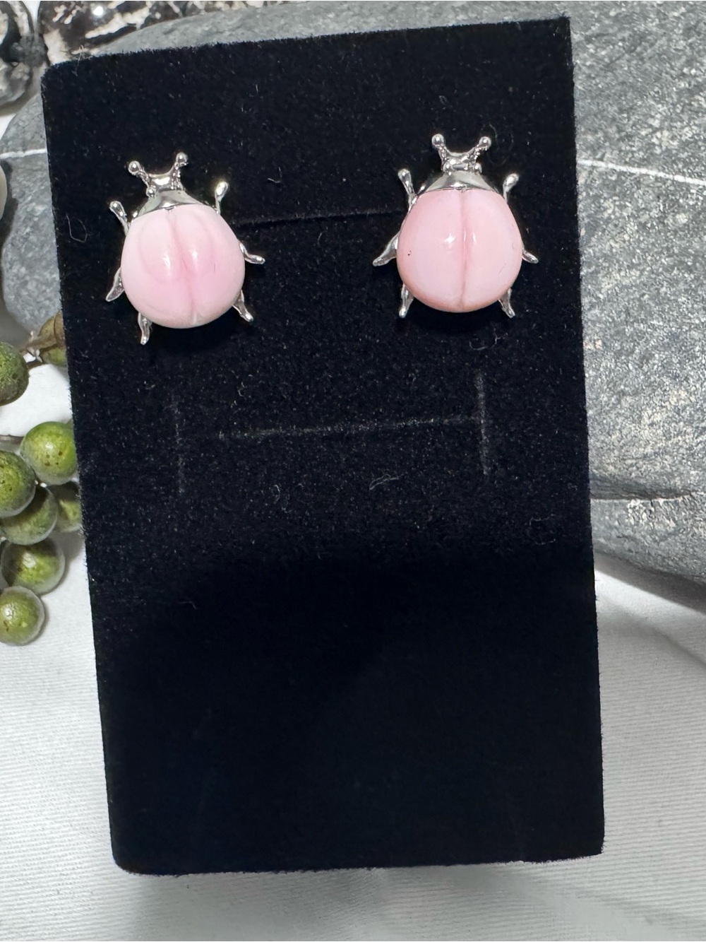 Pink Conch Shell Lady Bug Earrings - Picture 2 of 2